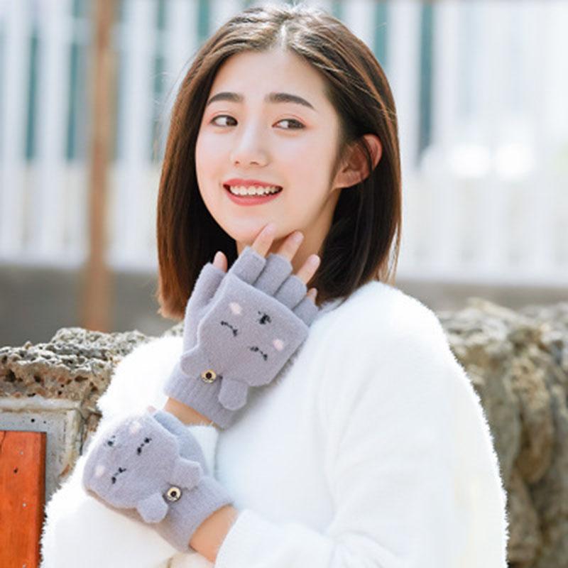 

Five Fingers Gloves Winter Plush Knitted Ladies Clamshell Half-finger Outdoor Plus Velvet Thickening Warm Mitten Cute Cartoon E80