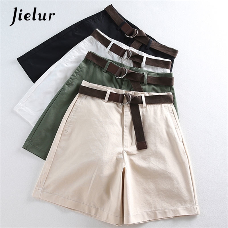 

Jielur Shorts All-match 4 Solid Color Sashes Casual Shorts Women A-line High Waist Slim Short Femme Chic -XXL Ladies Bottom T200701, White