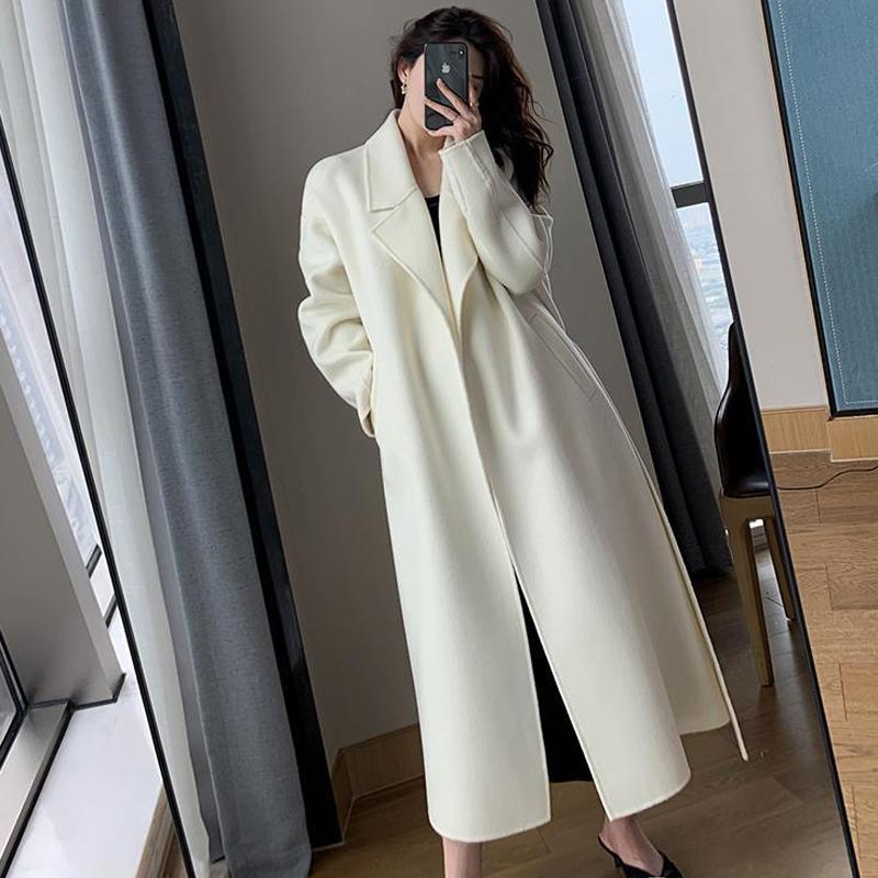 

Women' Wool & Blends Chic Outerwear Ladies Overcoat Autumn Winter 2022 Women Elegant Long Coat With Belt Solid Color Sleeve Jackets, White