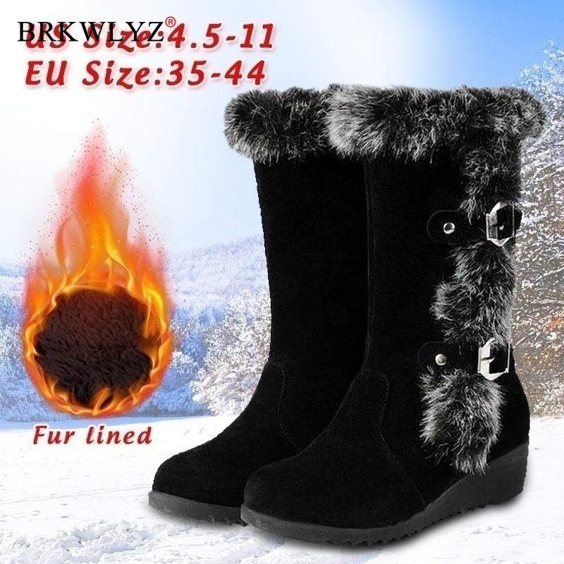 

New 2020 Winter Mid Boots Warmer Plush Ladies Flat Shoes Solid Faux Fur Shoes Girls Long Boots Female Snow Woman, Brown