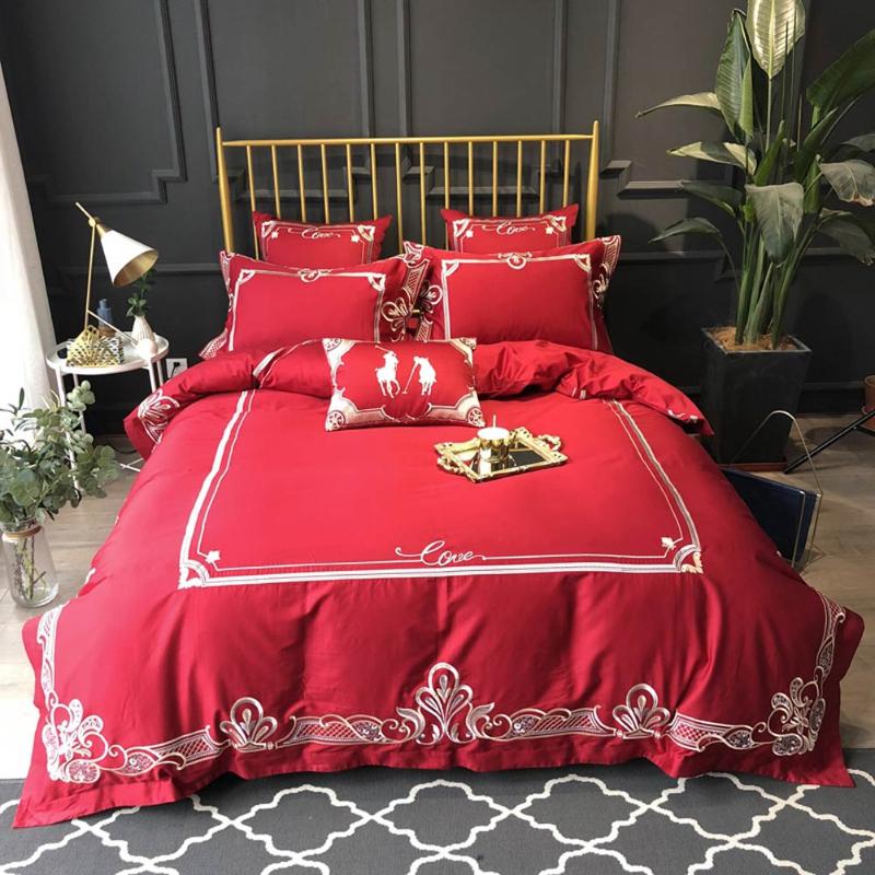 

Papa&Mima Red European Golden Satin Egyptian Cotton Bedding Sets Queen King Size Embroidery Duvet Cover Set Sheets Bedlinen, 20205029