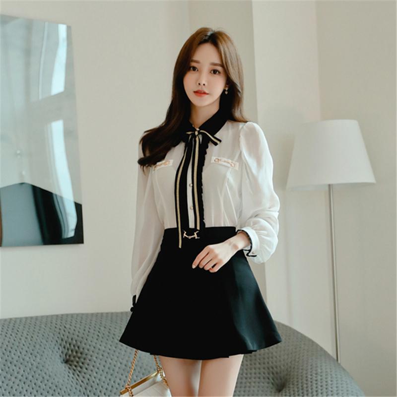 

2020 Bow Lace Up Chiffon Tops New Turn-down Collar Long Sleeve Shirts + High Waist Slim A-Line Skirts Autumn Women 2 Piece Set, As picture