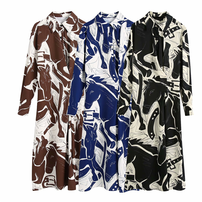 

2021 New Streetwear Women Print Draped Fashion Ladies Side Slit Elegant Female Chic Turn Down Collar Vestidos T1yb, Blue