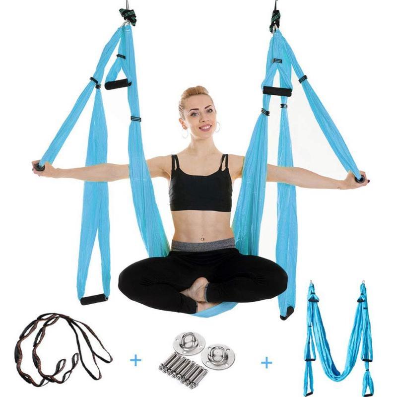 

2020 Aerial Yoga Swing Set Yoga Hammock Sling Kit With Extension Straps And Carabiner For Beginners Professionals Daily Workout, Blue
