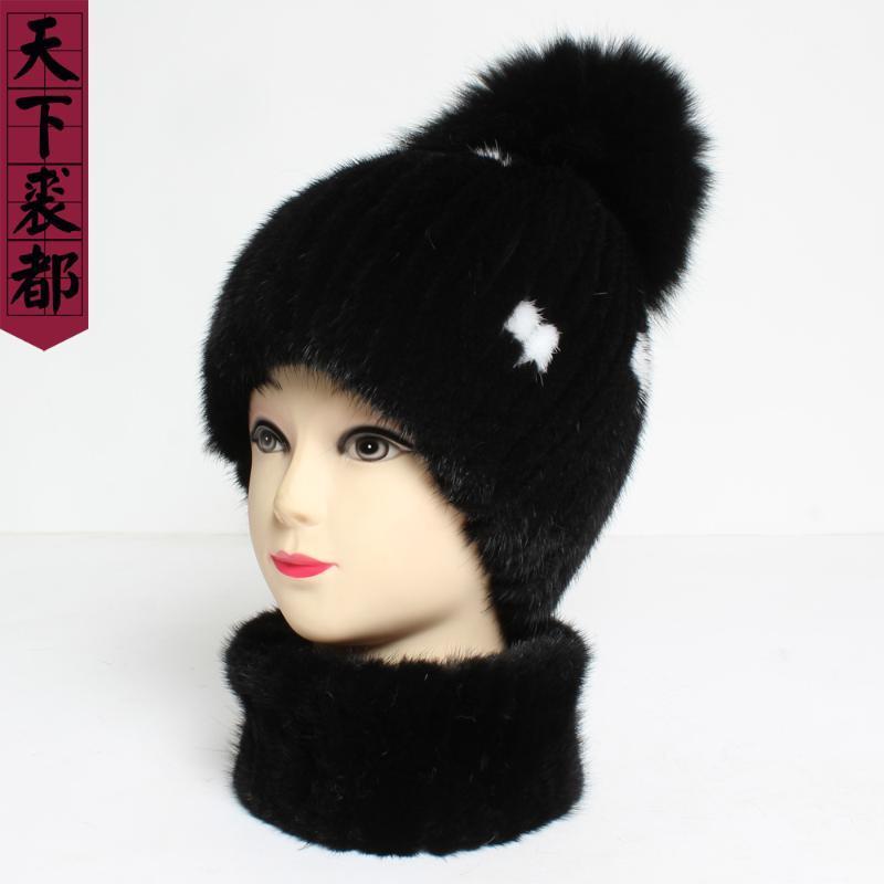 

Russia Women Winter Knitted Natural Scarves Hats 2 Pcs Sets Lady Warm Real Scarf Hat Good Elastic Fur Fur Cap1, Black