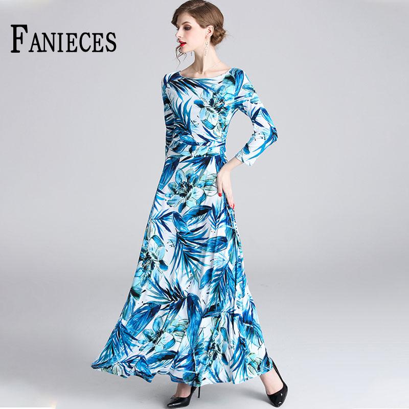 

2021 Spring Autumn Dresses Women Blue Printed Maxi Long A-line Dress office lady Elegant Casual Female vintage vestido de mulher