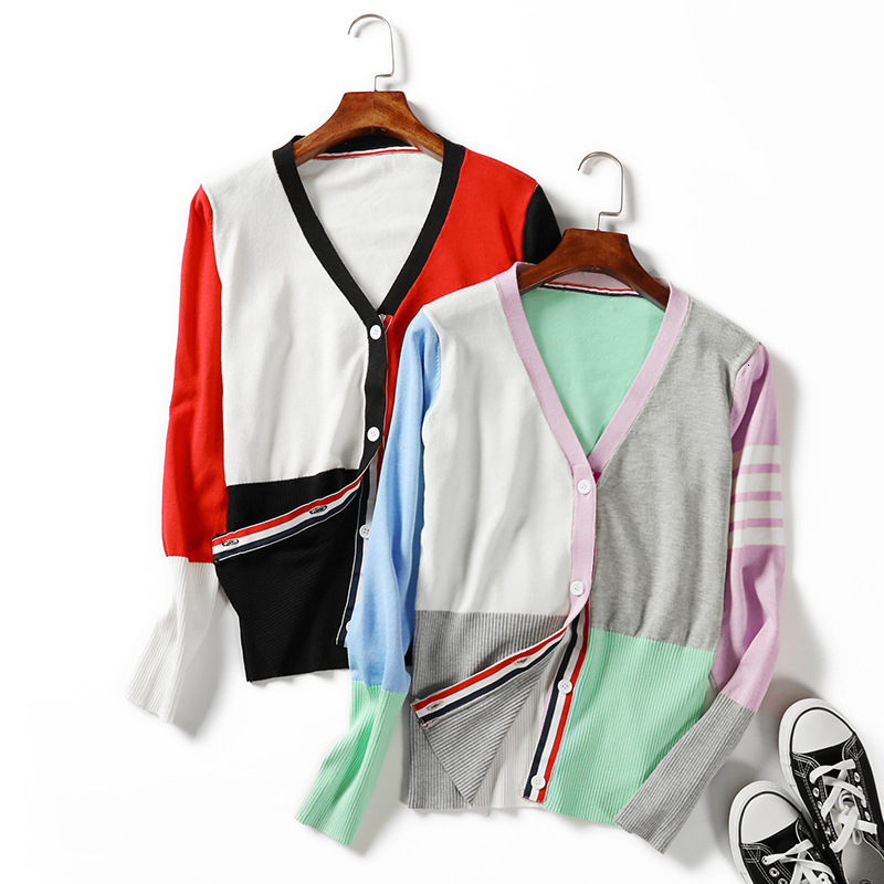 

2021 New Fashion Geometric Contrast Color v Neck Women Cardigan Sweater Ribbed Knitted Open Stitch Tops Coat Spring Autumn Cardigans B6f4, Red
