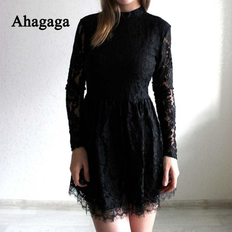 

Ahagaga 2020 Spring Summer Sexy Lace Dress Fashion Solid White Red Hollow Out Long Sleeve A-line Dress Women Dresses Vestidos, Black