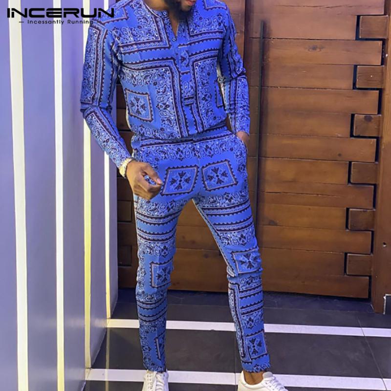 

2020 Men Jumpsuit Printed Long Sleeve Ethnic Style Joggers Casual Rompers V Neck Button Streetwear Men Overalls INCERUN S, Blue