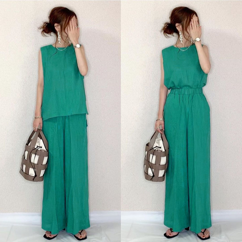 

2021 New Piece Sets Sleeveless Top High Waisted Wide Leg Pants Korea Japan Chic Office Ladies Green Matching Outfits 2 Suit 6C24