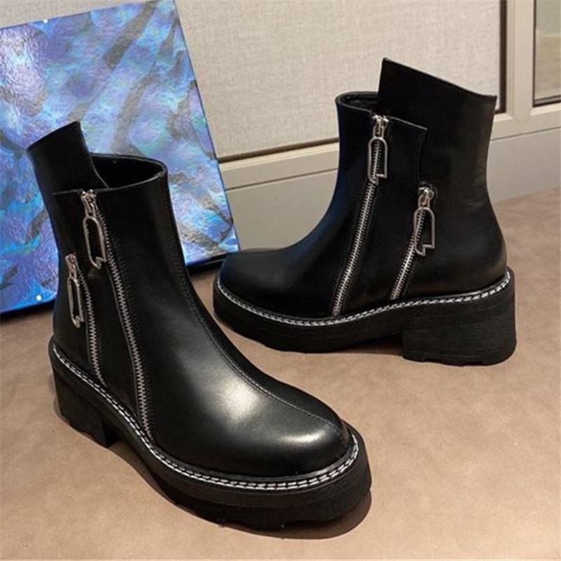 

Fashion Double Zipper Women Ankle Boots Ladies Chunky Heel Platform Short Booties Genuine Leather Autumn Shoes Woman Botas, Black