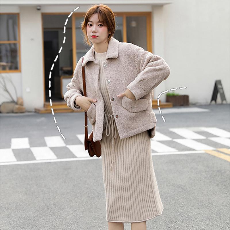 

New Women Faux Leather Lambs Wool Coat Female 2020 Korean Fashion Turn-down Collar Jackets Autumn Winter Women Outerwear, Blue