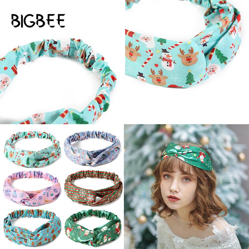 

New Fine Christmas style Headbands for Women Turban Santa Claus Snowman Snowflake Print Scrunchies Tie Headwear Hair Accessories