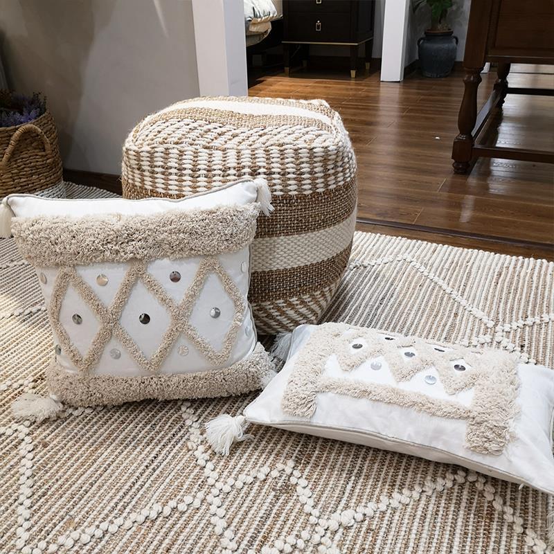 

White Canvas Geometric Embroidery Pillow Cover with Sequin Home Dec Tassels Cushion Cover PillowCase Pillow Sham 30x50cm/45x45cm