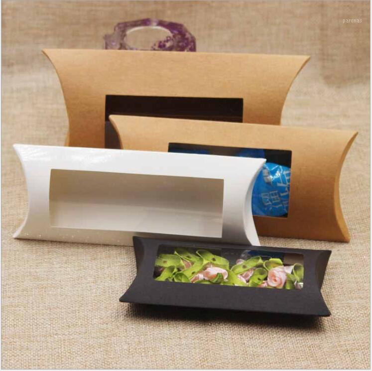 

10pcs DIY Blank Brown/White/Black Paper Gift Box Small Pillow Candy Box With Clear PVC Window Kraft Paper Window Boxes1