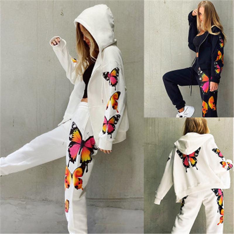 

Womens Butterfly Printing Sets Fashion Long Sleeve Cardigan Zipper Hooded Tops Pant Suits Designer Female Spring New Casual Loose Tracksuits, Black