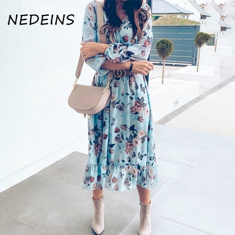 

NEDEINS 2020 Women Print Beach Long Sleeve Dress Summer Ruffles Boho Ruffles Female Fashion Casual Dress Plus Size Dresses Y200805, Blue