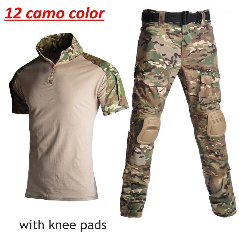 

Tactical Uniform Army Camouflage Training Suit Short Sleeve T Shirts + Pants Hunting Clothing with Knee Pads1, Black