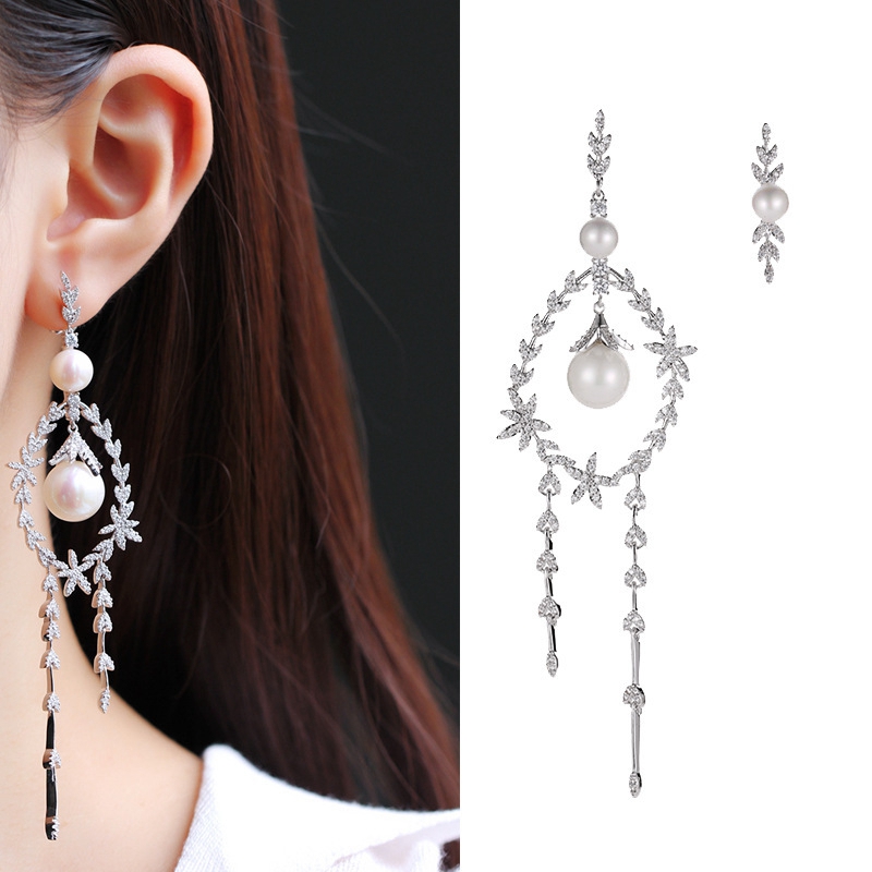 

Fashion Zircon Freshwater Pearl War Drop Dangle Earring Women Wedding Asymmetry Design S925 Ear Pin Adjustable Jewelry