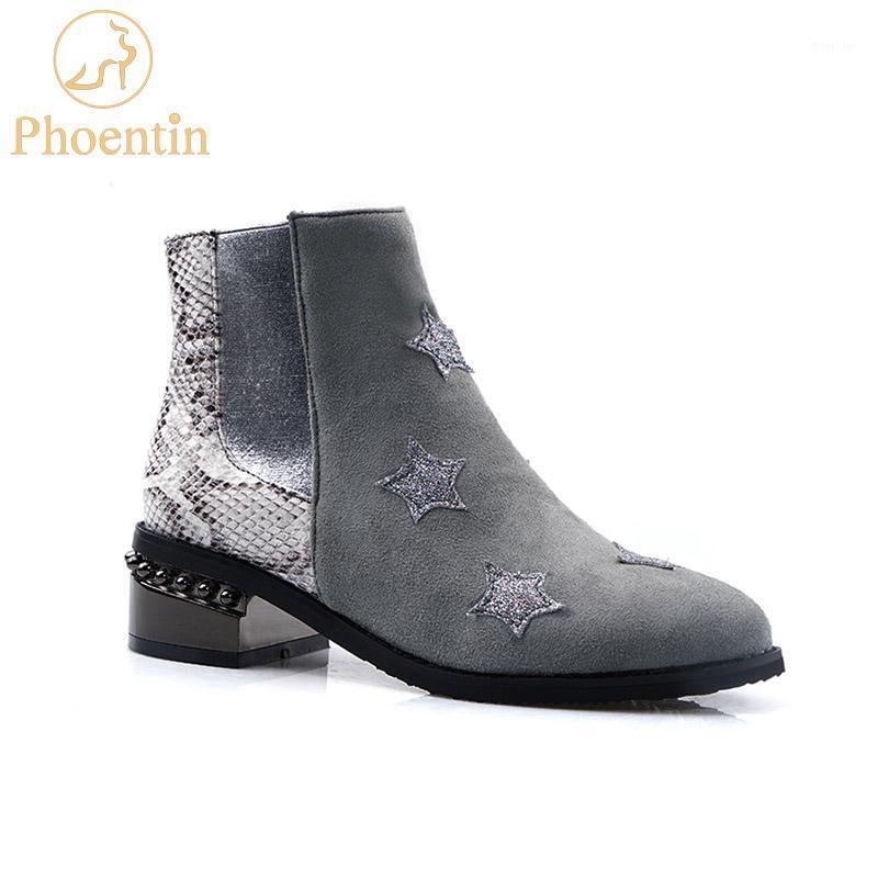 

Phoentin mid heel ankle boots woman snake print patchwork shoes zipper gray color five angle stars appliques boot black FT7781