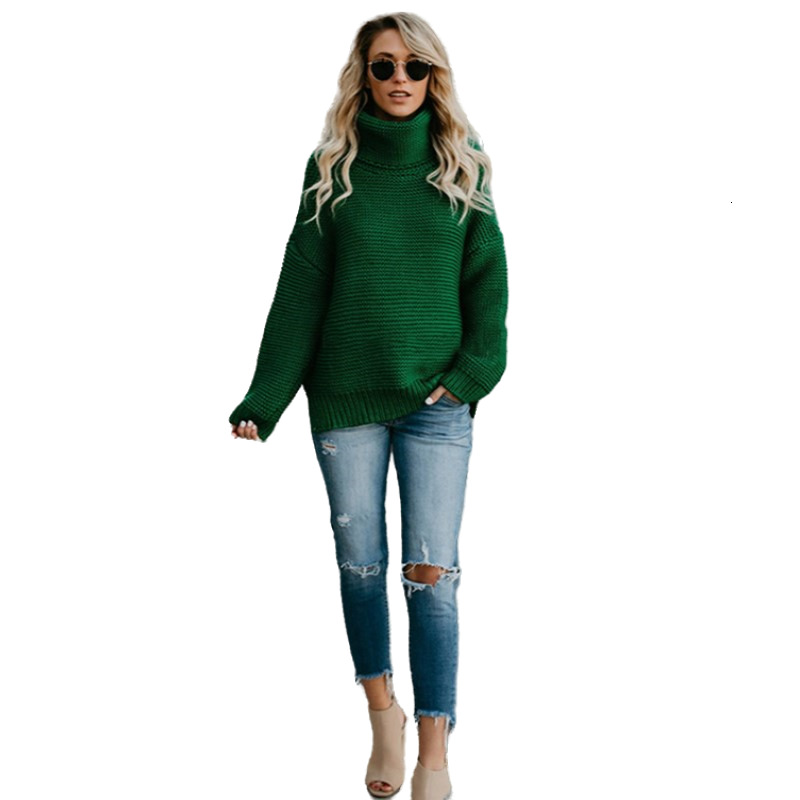 

2021 New Turtleneck Sweater Femme Fall Winter Warm Long Sleeve Black Pullover Casual Women Knitted Tops Large Size Clothes Wva2, Green