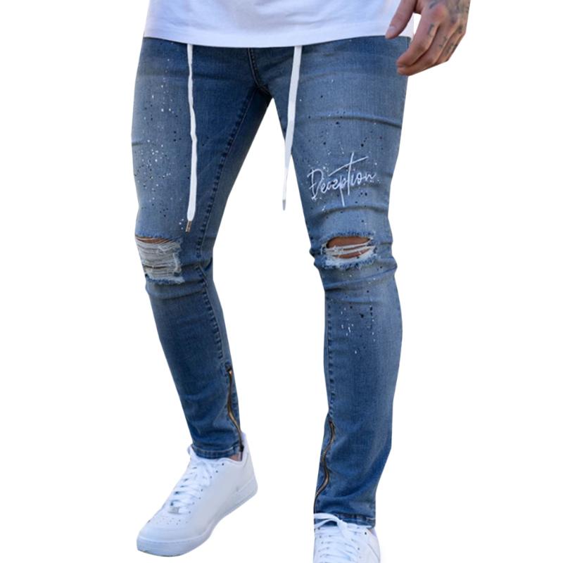 

Jeans Men Sexy Hole Casual Men Clothing Letter Printed Pencil Pants Men' Jogger Trousers Casual Denim Pant Jeans, White