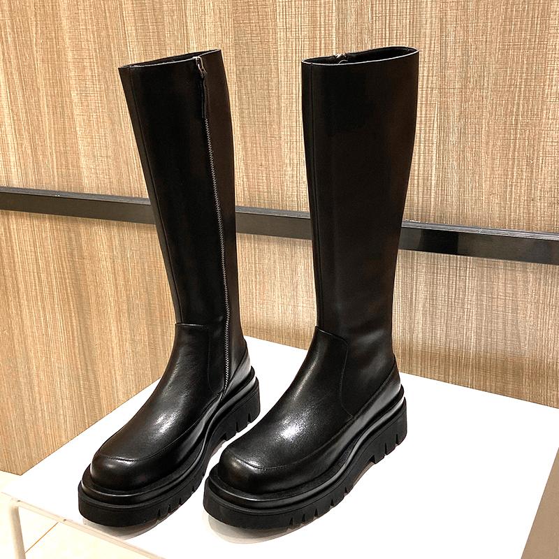 

Knee High Boots Genuine Leather Platform Classic Design Thick Heels Shoes Women Wedding Party Women Boots size 42 43, Black