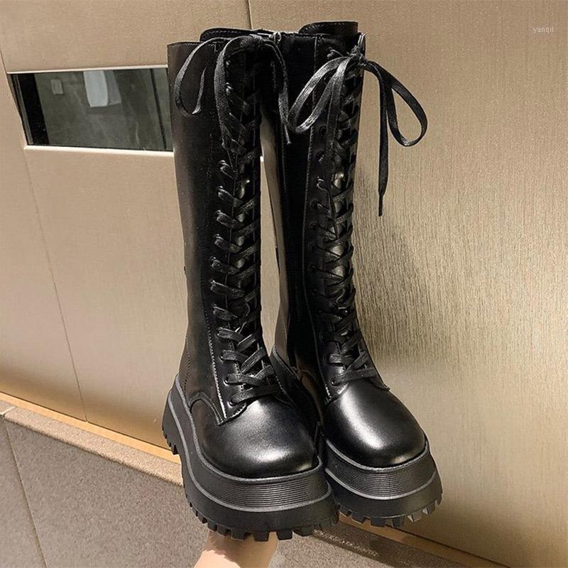 

Women Shoes Lace Up Motorcycle Boots Chunky Heels Platform Knee High Botas Fashion Female Footwear Autumn Winter 2020 Ladies New1, Black