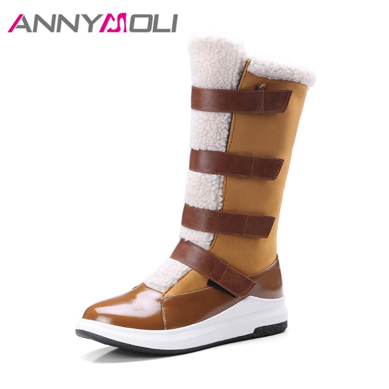 

ANNYMOLI Women Snow Boots Winter Mid-calf Boots Warm Platform Wedges Fur Low Heel Shoes Big Size 42 43 Shoes Black Brown