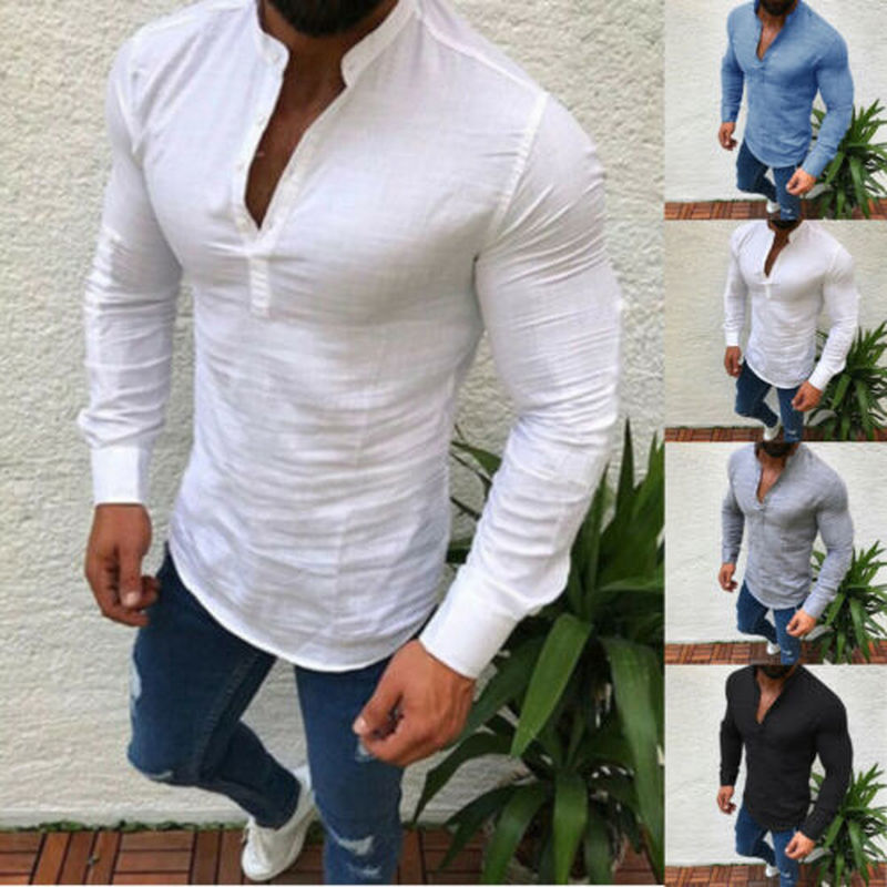 

Fashion Men Linen Soft Long Sleeve Shirts Stand-Neck Slim Fit Summer Beach Casual Tops Blouse Pure Color Clothing, Beige