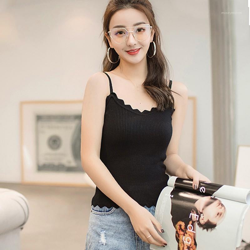 

Women V-neck Knitted Shirt Fashion Regular Length Sexy Ruffles Short Tank Tops Small Camis1, Black