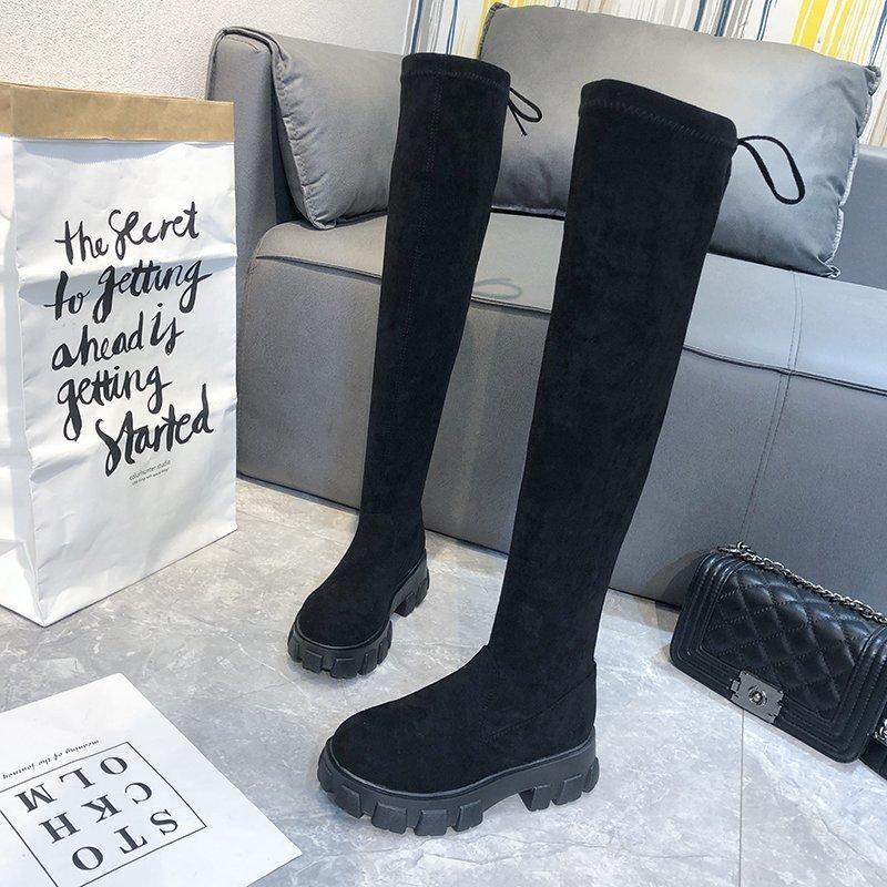 

Women Over the knee Boots 2020 Autumn Fashion Shoes High Platform Stretch Cloth Sock Boots Women Black Flock Thigh High1