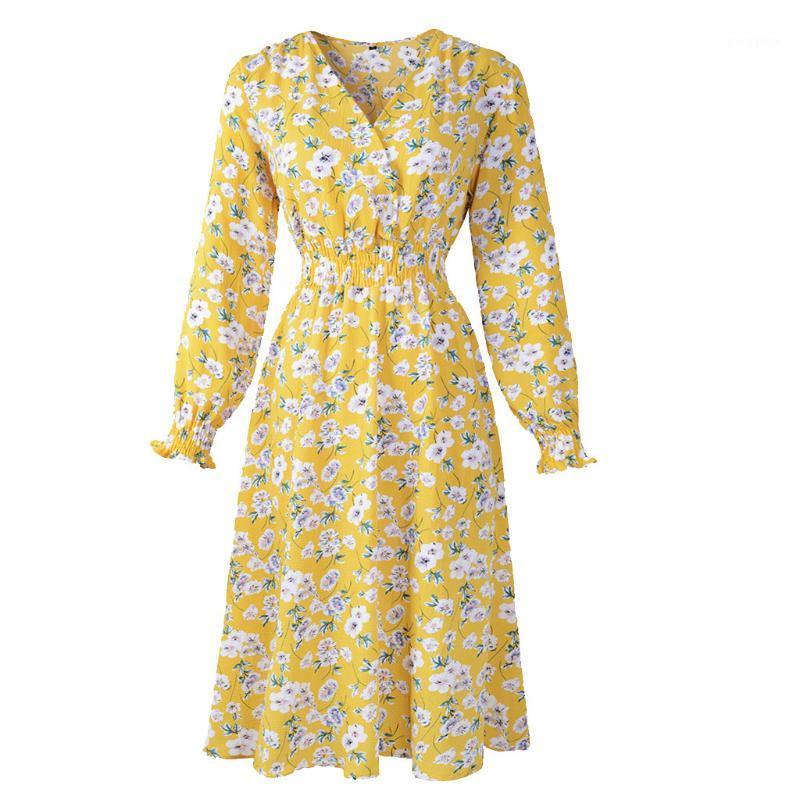 

V-neck printed dress elegant comfortable beach skirt yellow women skirt with long sleeves girl party dress casual A-line1