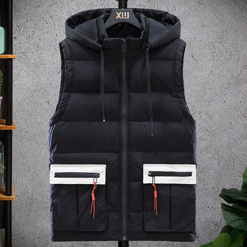 

2020 Winter Vest Men Casual Winter Waterproof Warm Hooded Big Pockets Sleeveless Coat Hat Detachable Contrast colour Plus Size, Black with white
