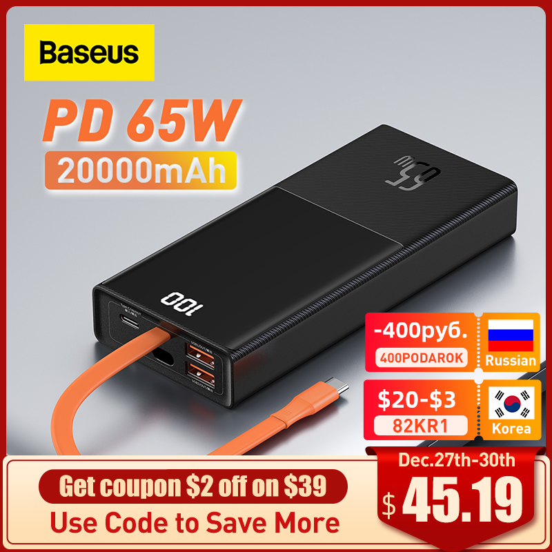 

Baseus 65W Power Bank 20000mAh with Type C Two-Way Cable External Battery for Phone and Notebook, Three-Port Fast charging