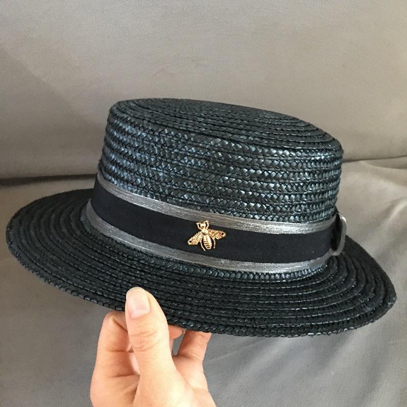 

202008-naonao-flat straw france design bee ribbon lady fedoras cap men women leisure holiday panama jazz hat, Black