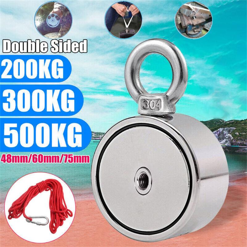 

200/300/500KG Super Strong Double Side Pulling Force Round Neodymium Metal Magnet Detector Fishing Kit+10M Rope Strong Magnetic