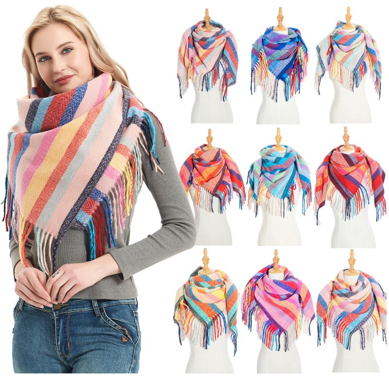 

Women Men Autumn Large Scarf Long Tassels Bright Colorful Striped Knit Thick Neck Warm Winter Casual Square Shawl Wrap Blanket
