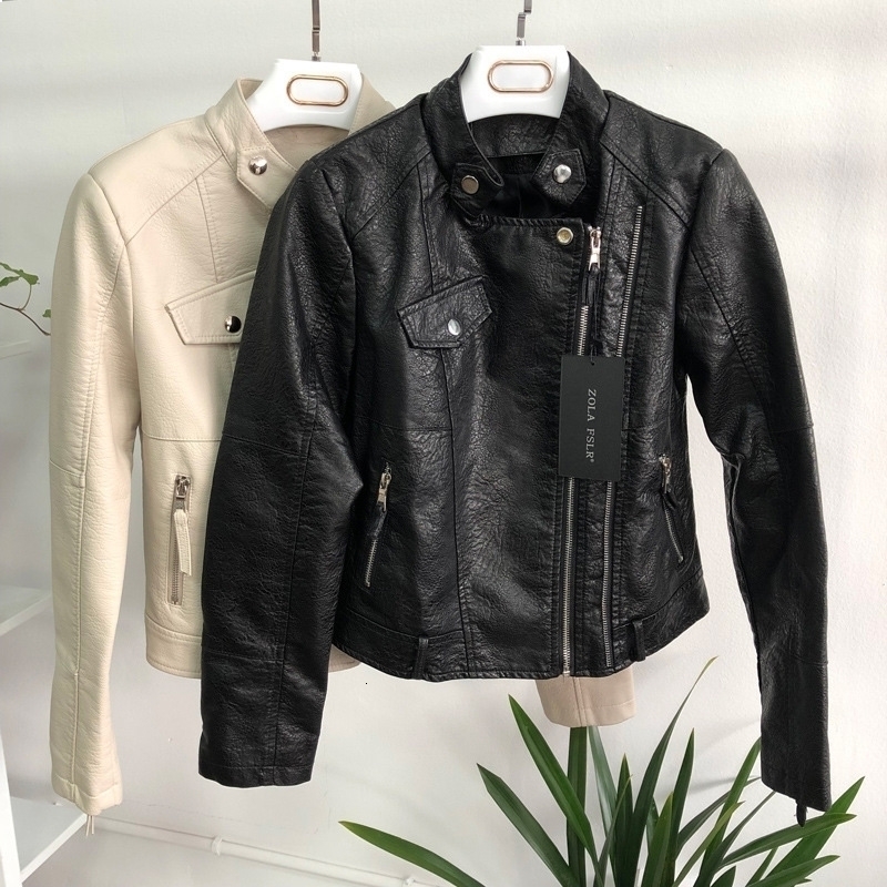 

Black 2021 New Women Plutonium Jacket Fine Spring Fall Outerwear Ladies Soft Leather Biker Women's Coat LCNC, Beige
