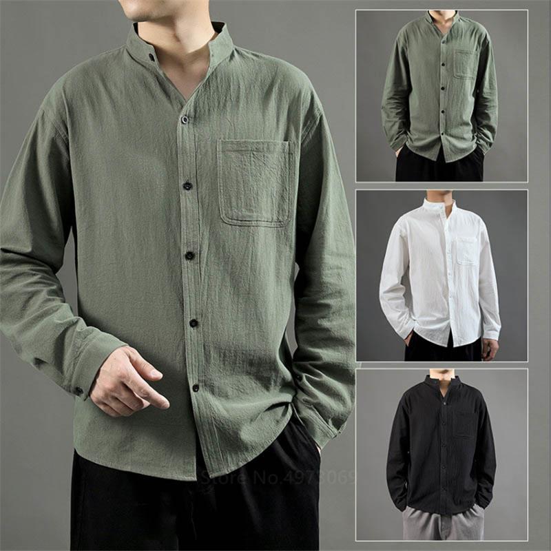 

Cotton Linen Shirts Men Japanese Style Casual Loose Blouse Stand Collar Tee Shirt Chinese Style Jackets Outfit Tang Suit