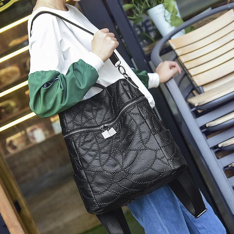 

Brand Genuine Leather Women Backpack Lambskin Women's Bags Real Sheepskin Big Bag Patchwork Shoulder Bag Bolsas, Black