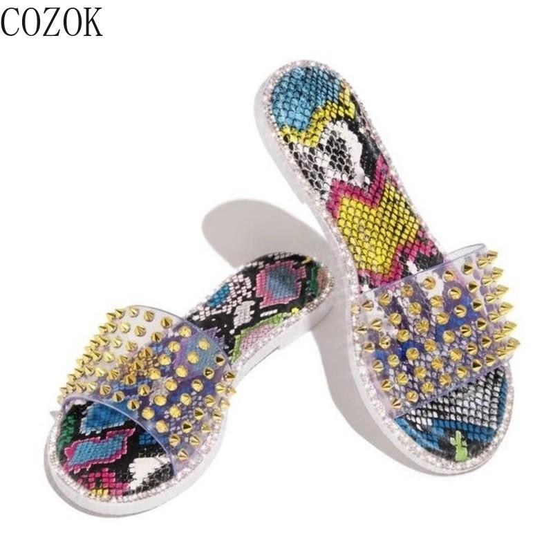 

Women's Slippers Snake Print Casual Women's Shoes Transparent Vamp Willow Nails Slippers Fashion Home Shoes, Leopard
