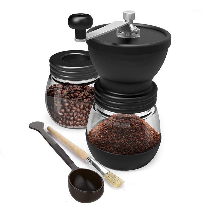 

Manual Coffee Grinder With Ceramic Burrs, Hand Coffee Mill With Two Glass Jars Brush And Tablespoon Scoop1