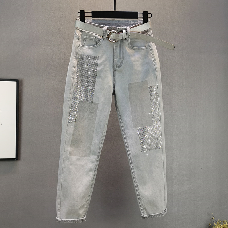 

Denim Good Quality Woman 2020 Autumn Women's Fashion Bling Rhinestone Jeans Female Haroun Pants Trousers A3739, Blue no belt