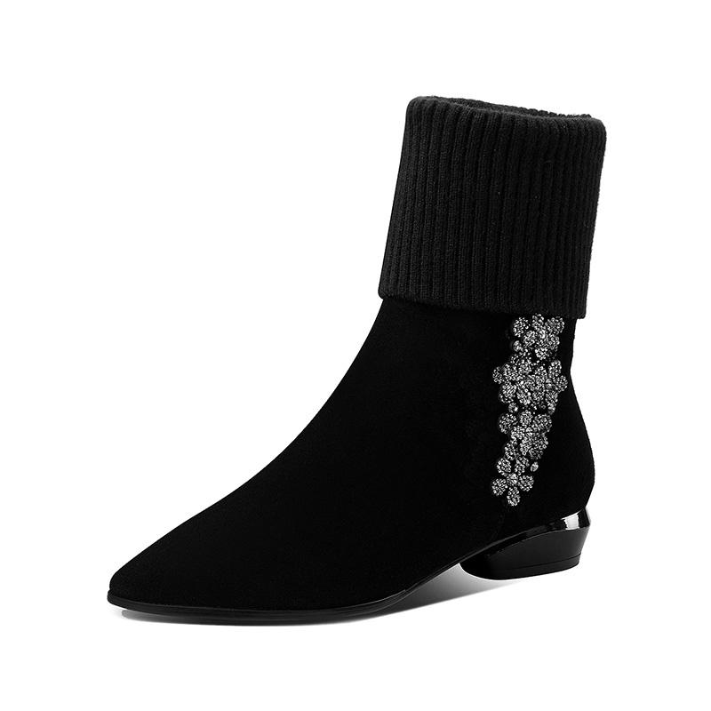 

New winter flat heel mid boots women flat short boots pointed wool rhinestone brushed leather large size women, Black velvet