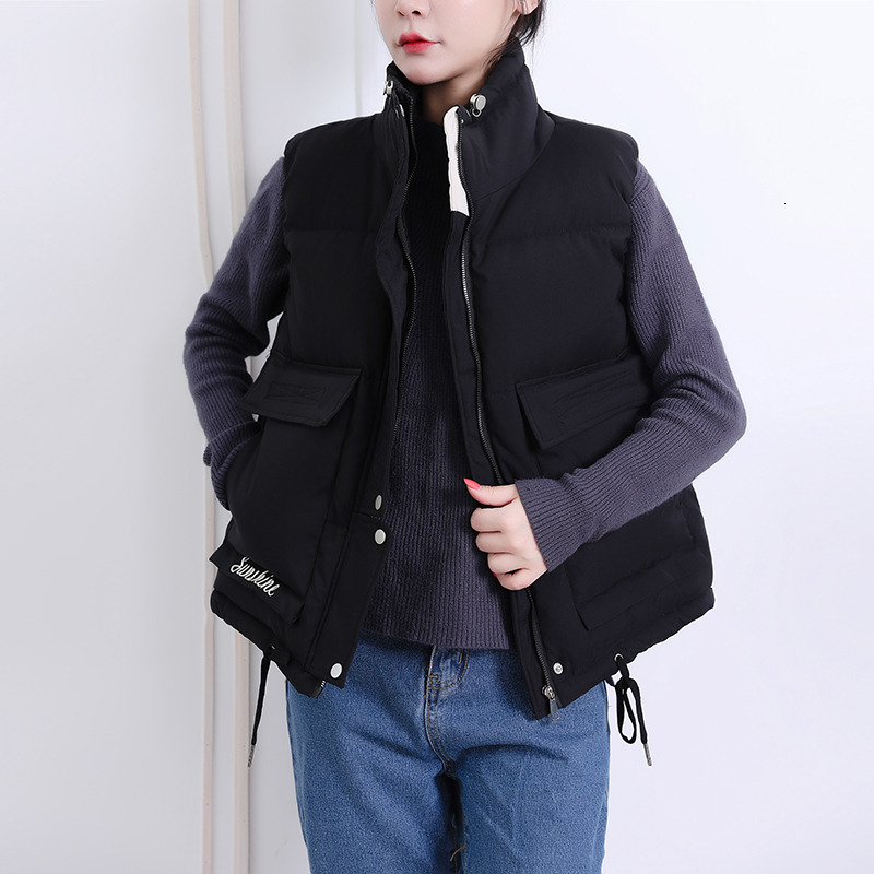 

2021 New Winter Vest Short Sleeveless Turtleneck Solid Jacket Heavy Padded Cotton Large Women's Outwear Pockets Xt28, Black