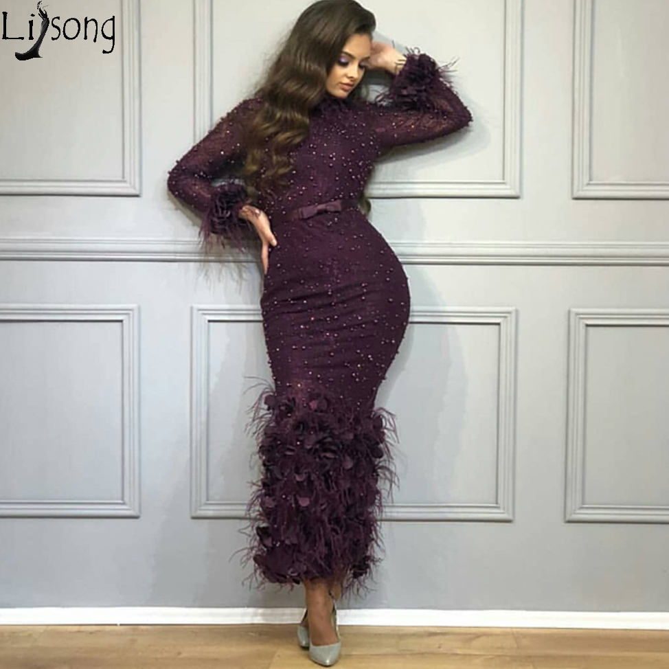 

Purple Sheath Mermaid Prom Dresses Luxury Pearls Feathers Ankle Length Formal Dress Long Sleeve Evening Party Gowns Plus Size, Silver