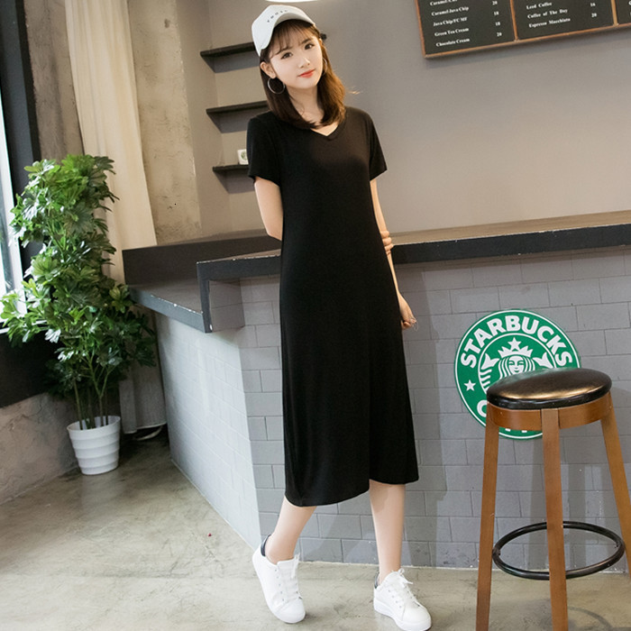 

2021 New Summer big short sleeve mid-length dress low v comfortable bottom colour solid thin skirt modal 0M17, Royal blue