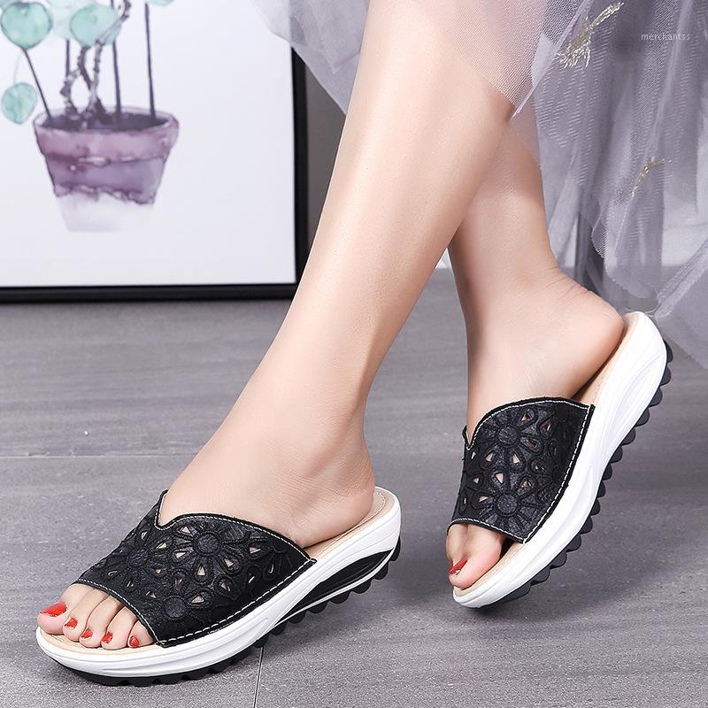 

AIBA women's fashion casual Genuine Leathe hollow embroidered out high heels thick platforms summer lightweight casual slipper1, Beige