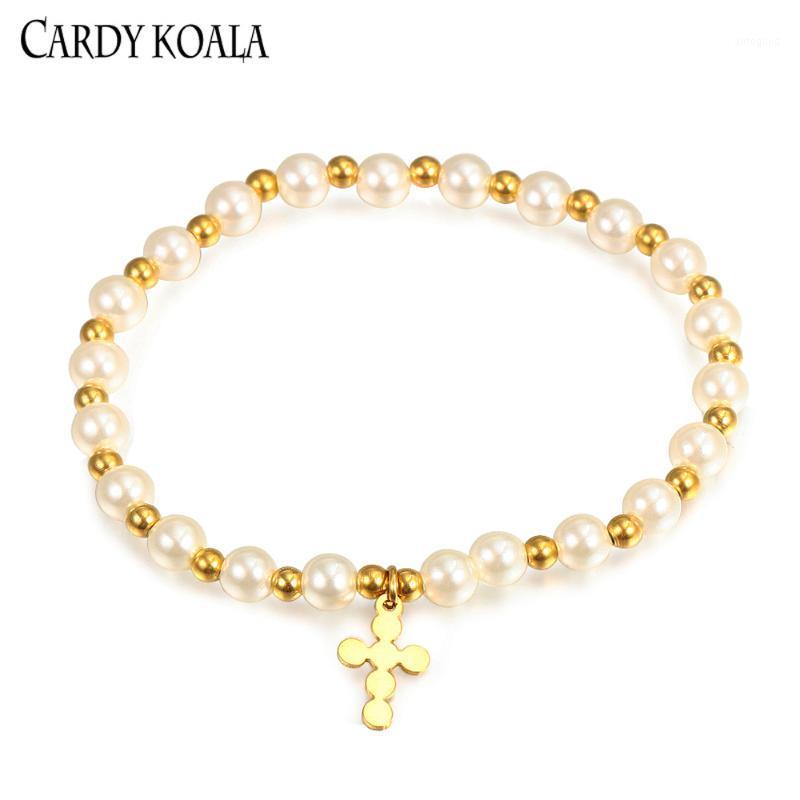 

Charm Bracelets Ins Stainless Steel Gold Color Mini Pearl Round Beaded Cross Bracelet For Women1